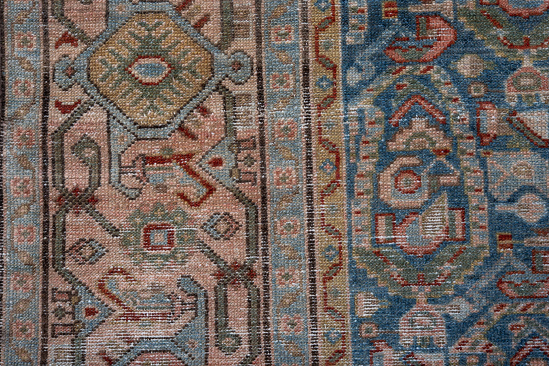 4' x 6' one-of-a-kind handmade antique Malayer small size rug. Color palette: sky blue, ivory, taupe, rust, slate, sage