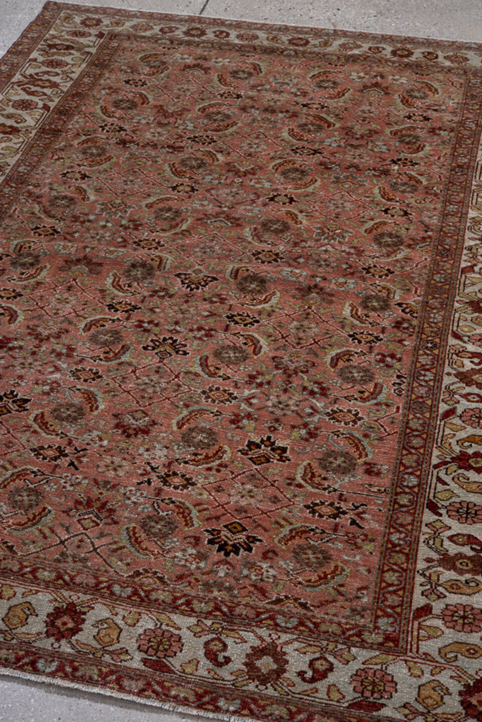 4' x 6' one-of-a-kind handmade antique Malayer small size rug. Color palette: rose, ivory, burgundy, camel, charcoal, taupe