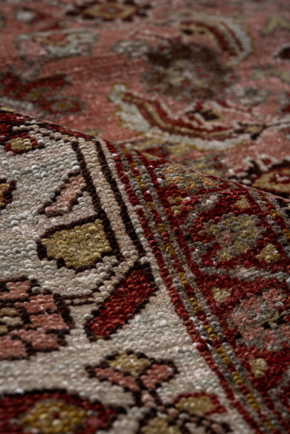 4' x 6' one-of-a-kind handmade antique Malayer small size rug. Color palette: rose, ivory, burgundy, camel, charcoal, taupe