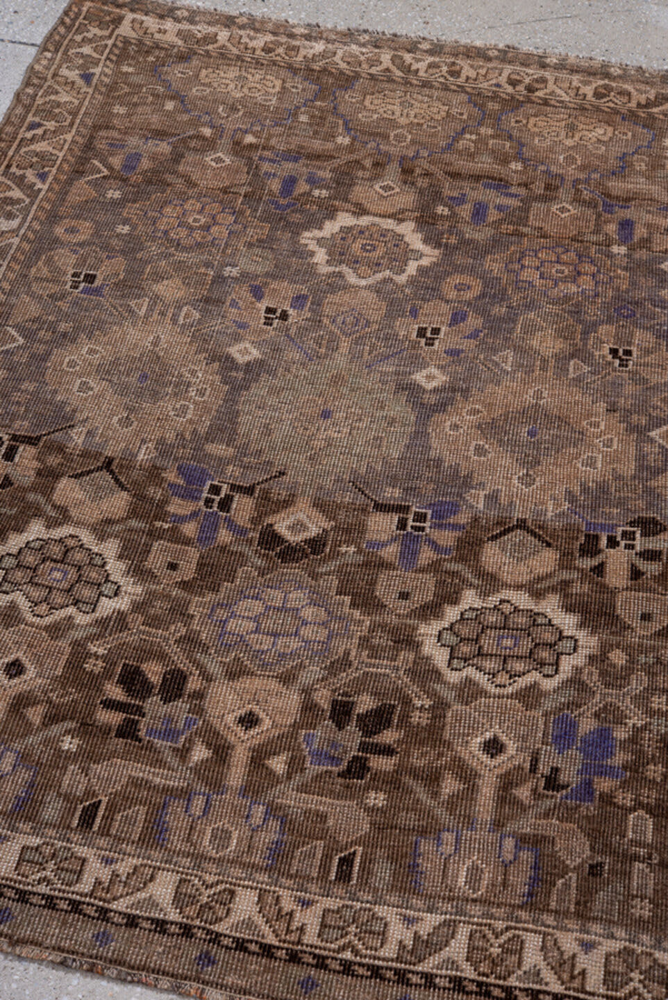3' x 4' one-of-a-kind handmade antique Karabagh small size rug. Color palette: brown, taupe, ivory, charcoal, slate, violet