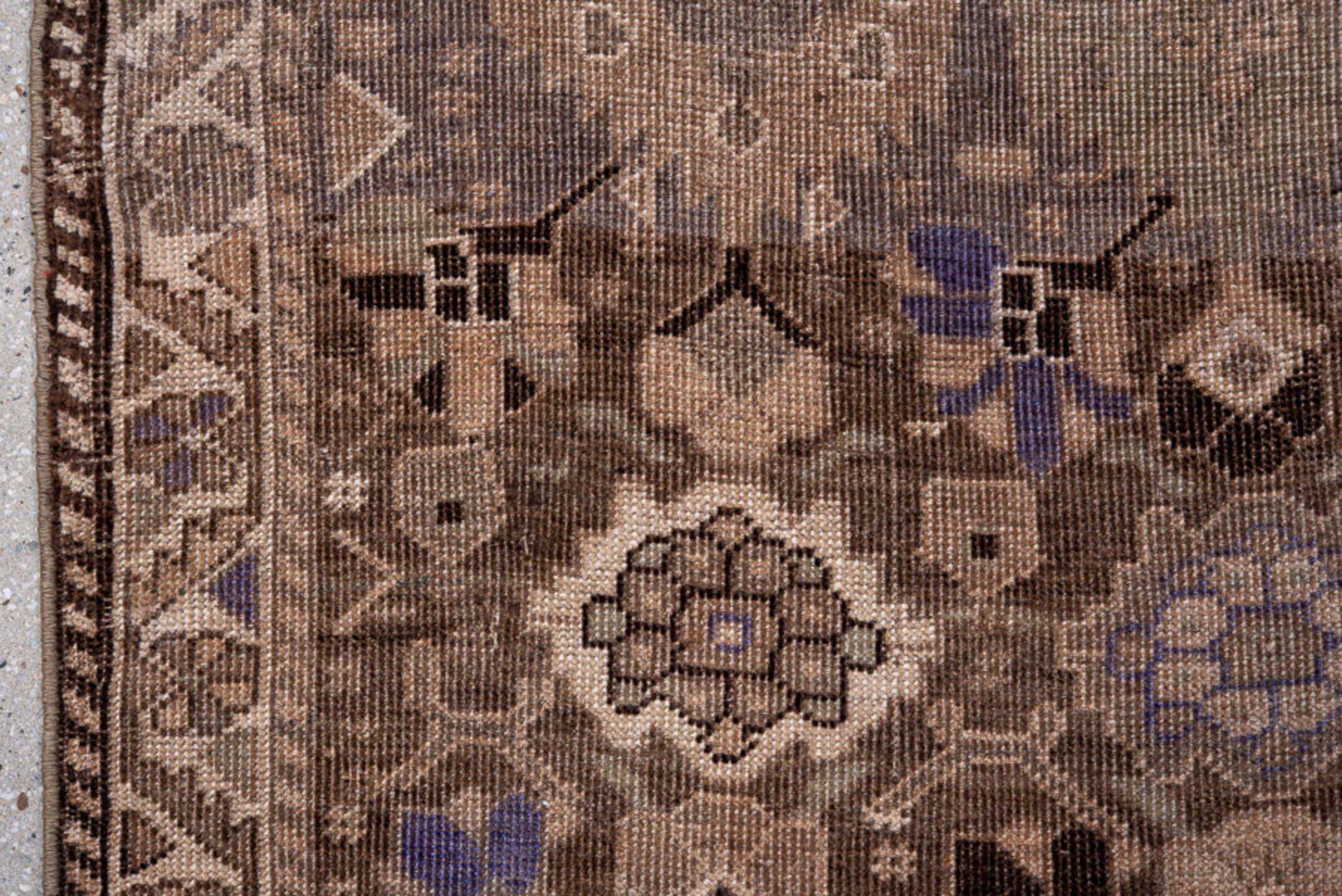 3' x 4' one-of-a-kind handmade antique Karabagh small size rug. Color palette: brown, taupe, ivory, charcoal, slate, violet