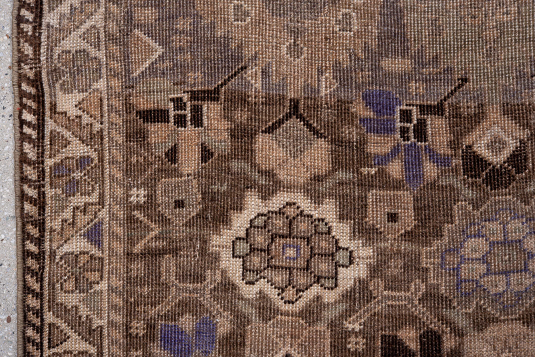 3' x 4' one-of-a-kind handmade antique Karabagh small size rug. Color palette: brown, taupe, ivory, charcoal, slate, violet