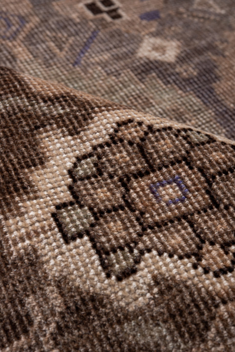 3' x 4' one-of-a-kind handmade antique Karabagh small size rug. Color palette: brown, taupe, ivory, charcoal, slate, violet