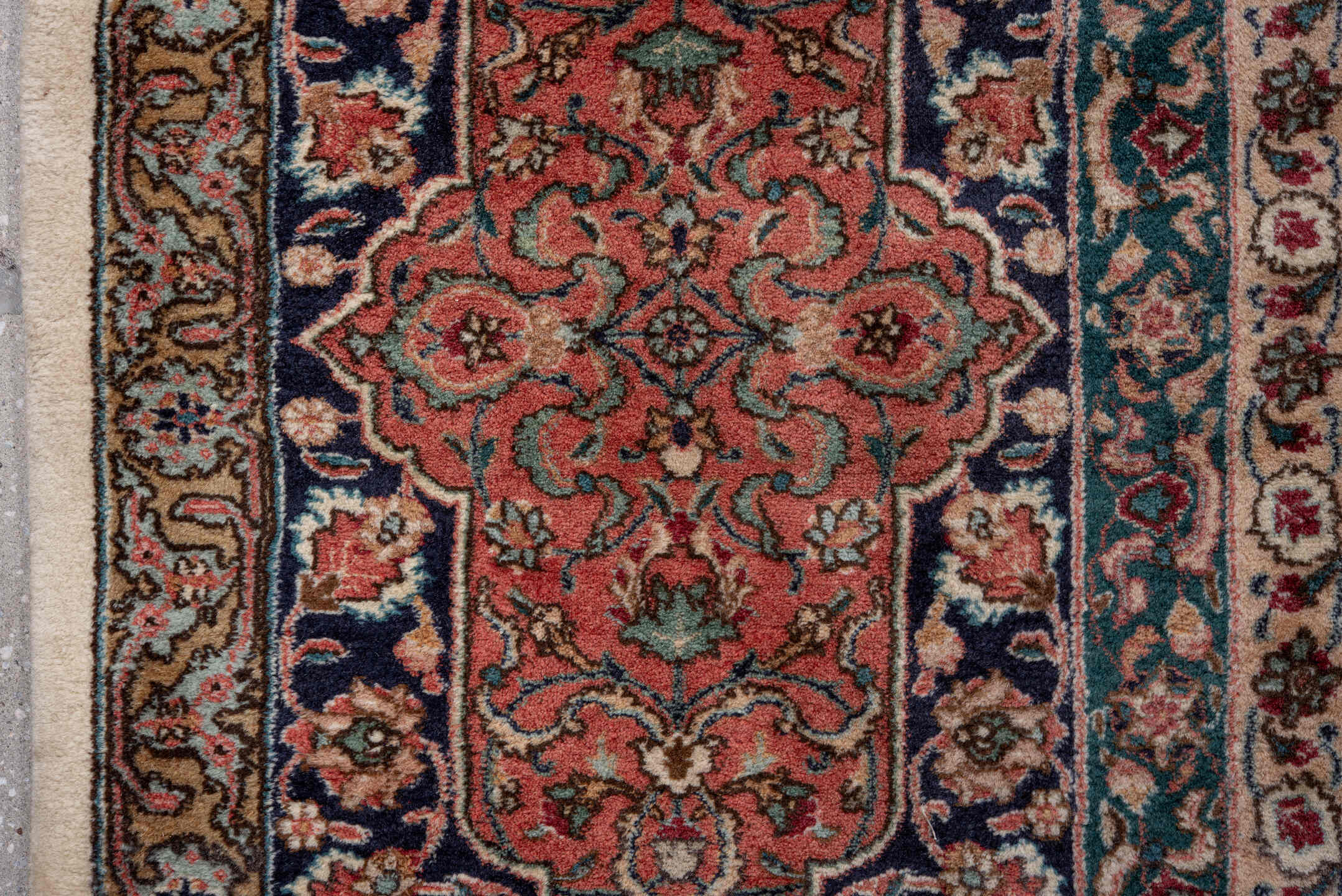 11' x 16' one-of-a-kind handmade antique Tabriz oversize rug. Color palette: ivory, navy, rust, rose, soft blue, camel, sage