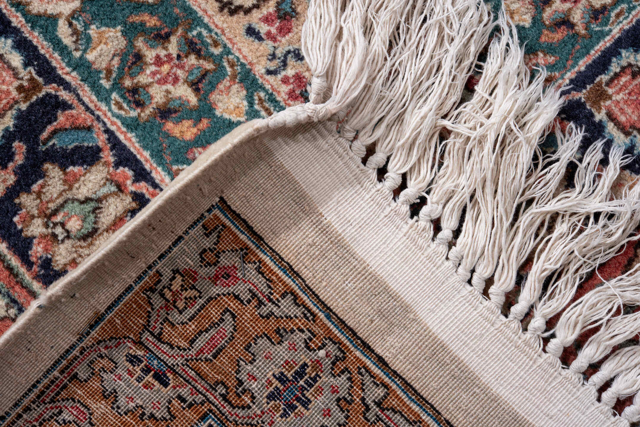 11' x 16' one-of-a-kind handmade antique Tabriz oversize rug. Color palette: ivory, navy, rust, rose, soft blue, camel, sage