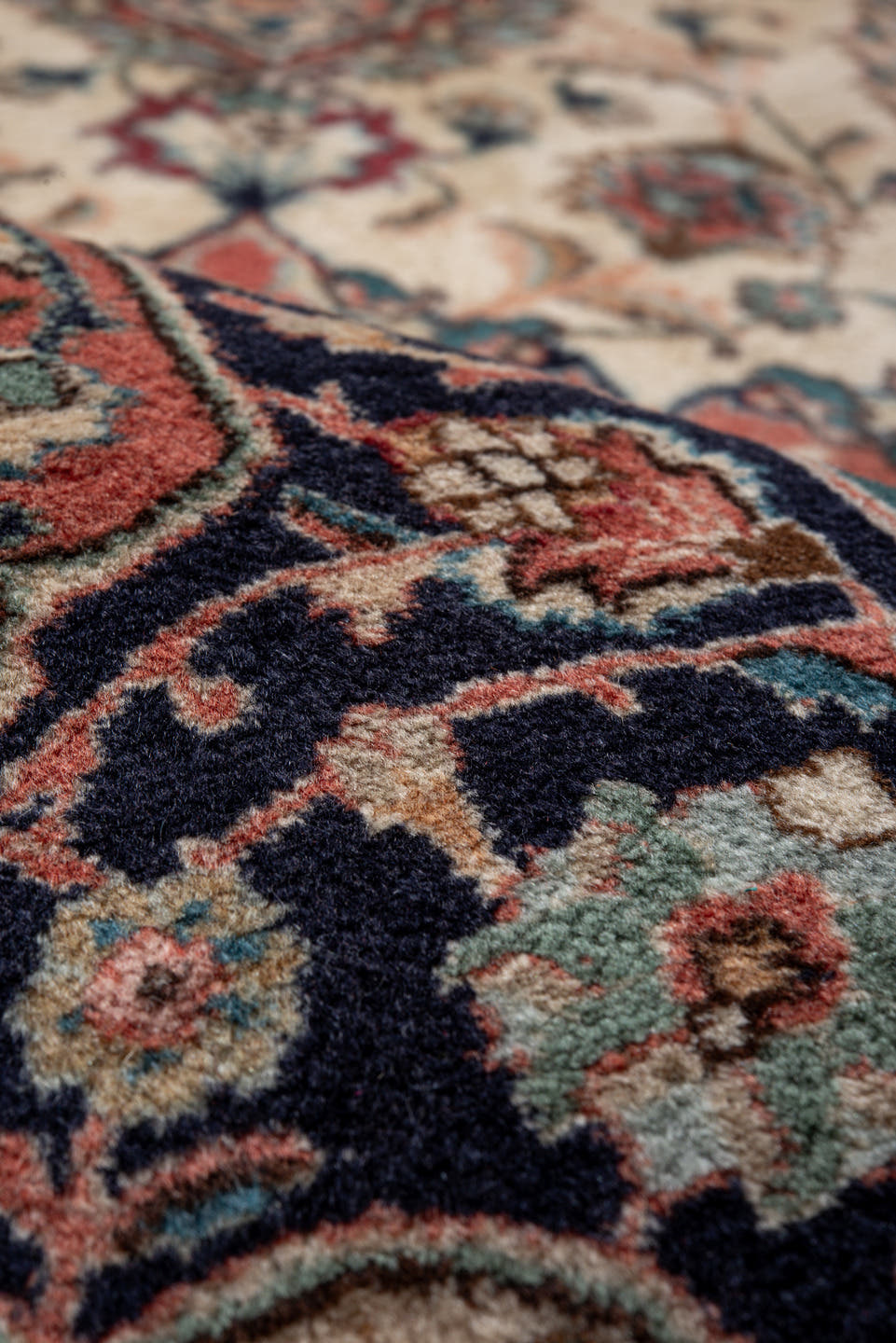 11' x 16' one-of-a-kind handmade antique Tabriz oversize rug. Color palette: ivory, navy, rust, rose, soft blue, camel, sage