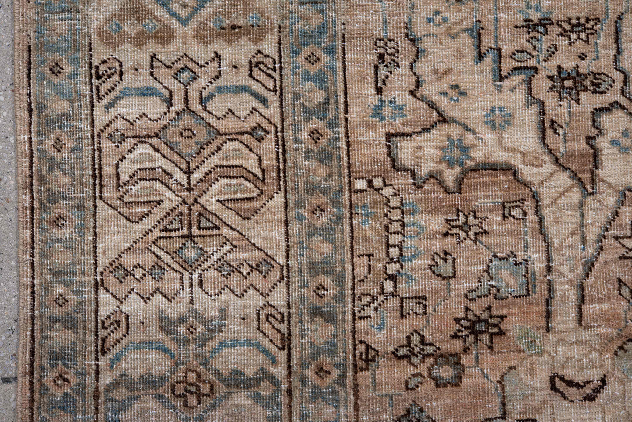 7' x 10' one-of-a-kind handmade antique Ardebil large size rug. Color palette: ivory, beige, sky blue, taupe, brown, camel