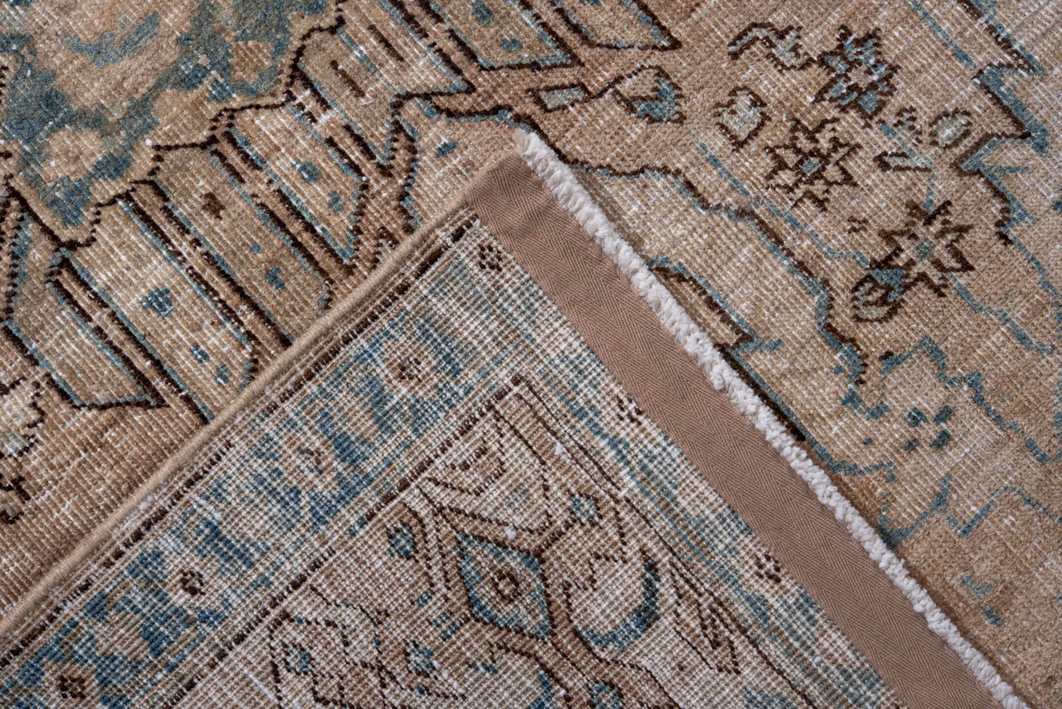 7' x 10' one-of-a-kind handmade antique Ardebil large size rug. Color palette: ivory, beige, sky blue, taupe, brown, camel
