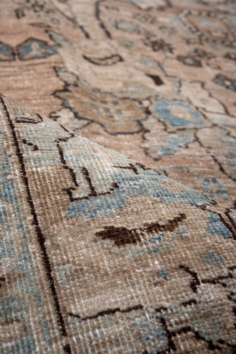 7' x 10' one-of-a-kind handmade antique Ardebil large size rug. Color palette: ivory, beige, sky blue, taupe, brown, camel