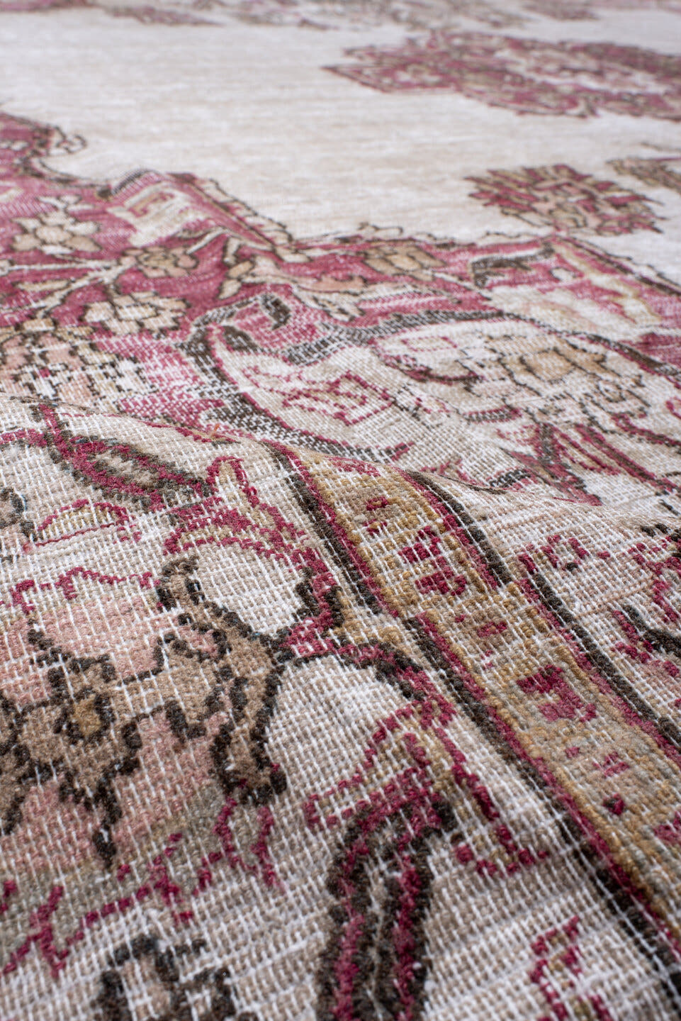 9' x 11' one-of-a-kind handmade antique Khorassan large size rug. Color palette: ivory, rose, taupe, dusty pink, beige