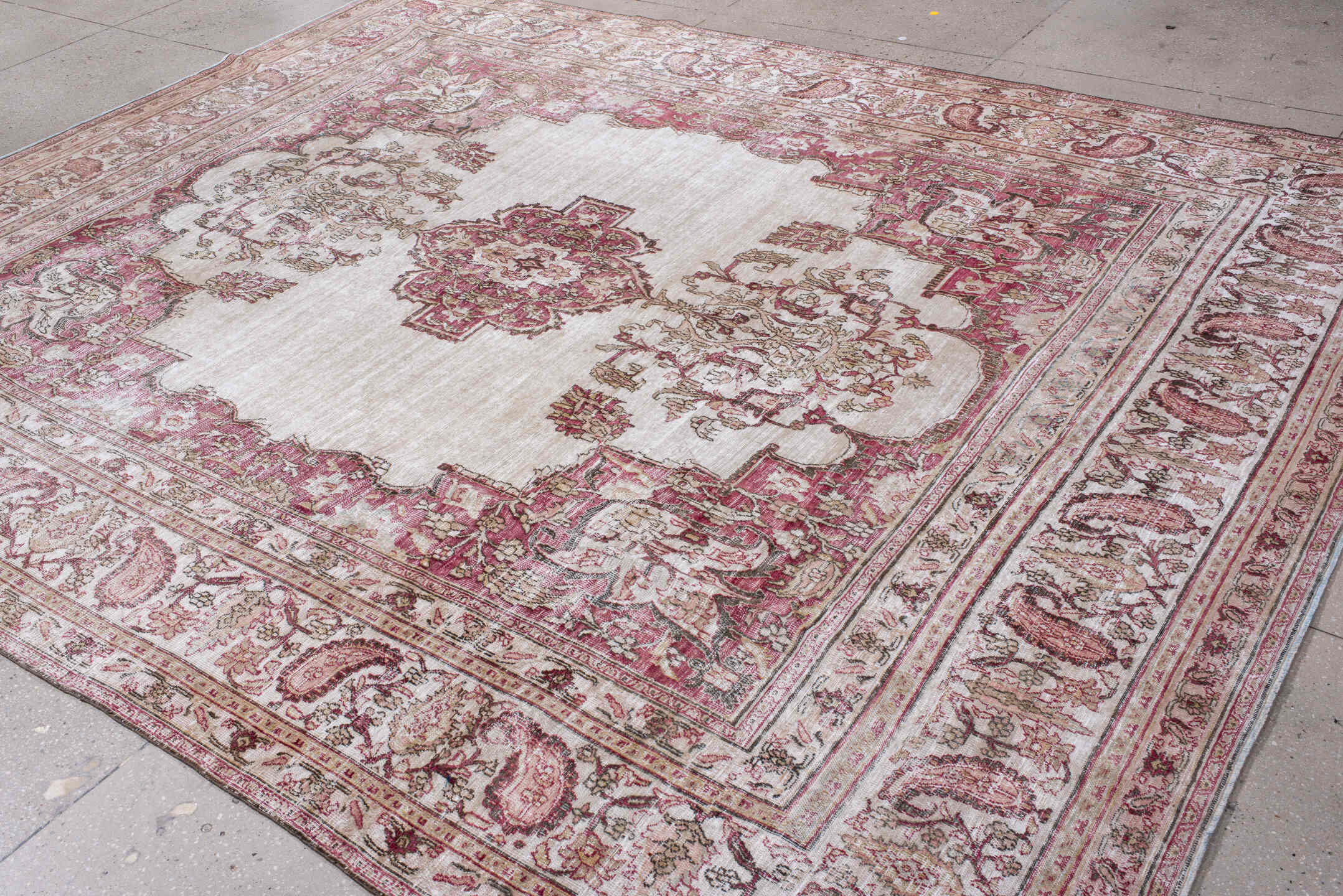 9' x 11' one-of-a-kind handmade antique Khorassan large size rug. Color palette: ivory, rose, taupe, dusty pink, beige