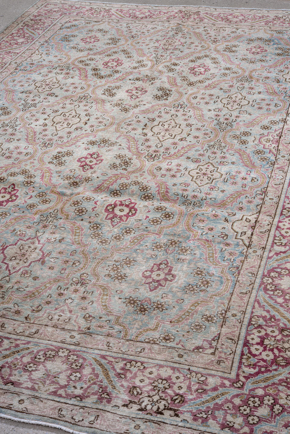 6' x 9' one-of-a-kind handmade antique Hereke medium size rug. Color palette: pale blue, rose, ivory, burgundy, taupe, camel