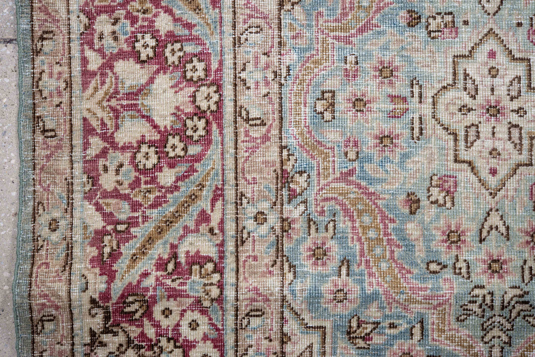 6' x 9' one-of-a-kind handmade antique Hereke medium size rug. Color palette: pale blue, rose, ivory, burgundy, taupe, camel