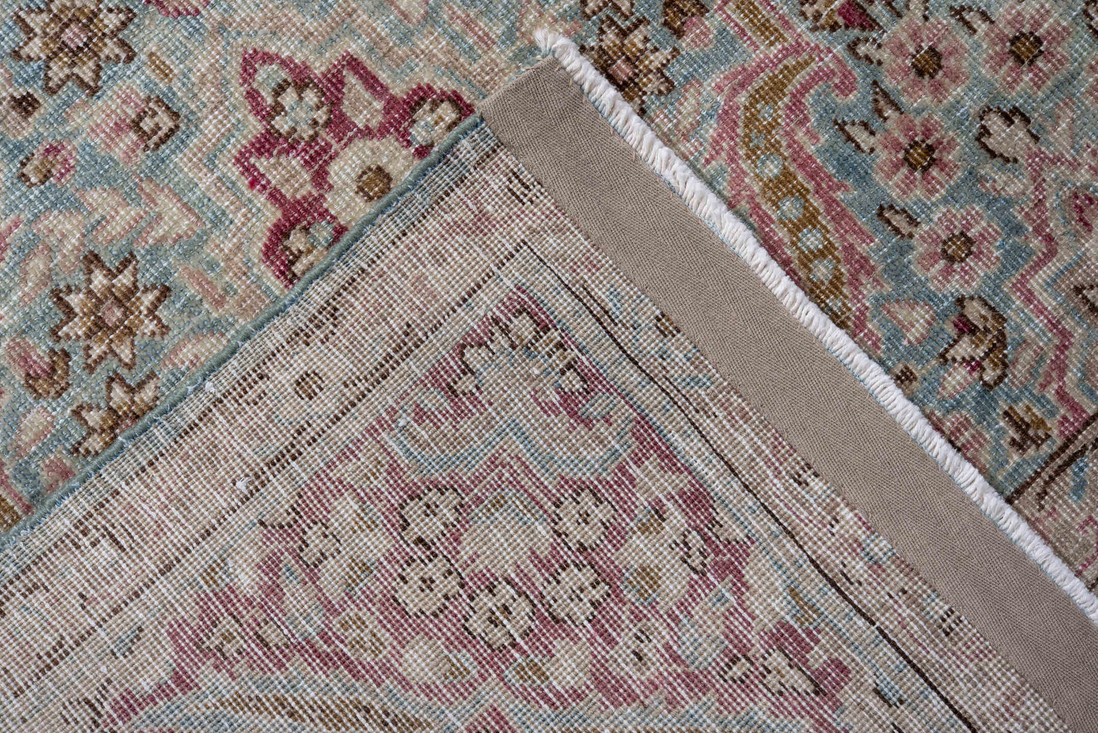 6' x 9' one-of-a-kind handmade antique Hereke medium size rug. Color palette: pale blue, rose, ivory, burgundy, taupe, camel