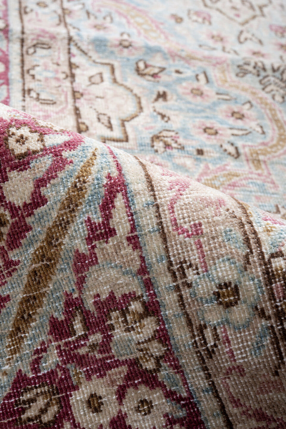6' x 9' one-of-a-kind handmade antique Hereke medium size rug. Color palette: pale blue, rose, ivory, burgundy, taupe, camel