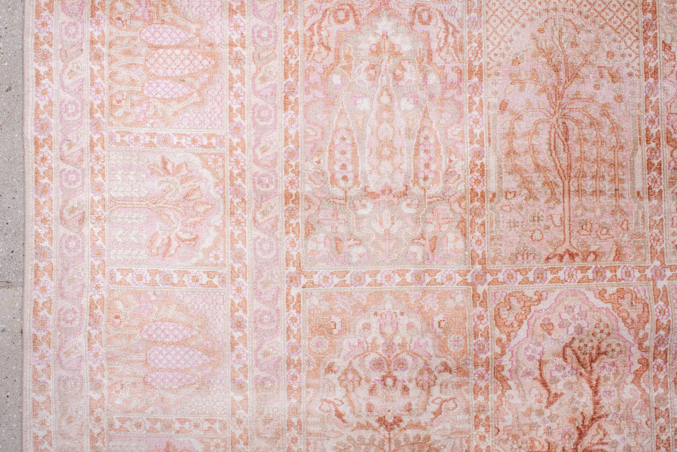 7' x 9' one-of-a-kind handmade antique Kashmir rug. Color palette: ivory, blush, rose, peach, salmon, taupe, pink, red