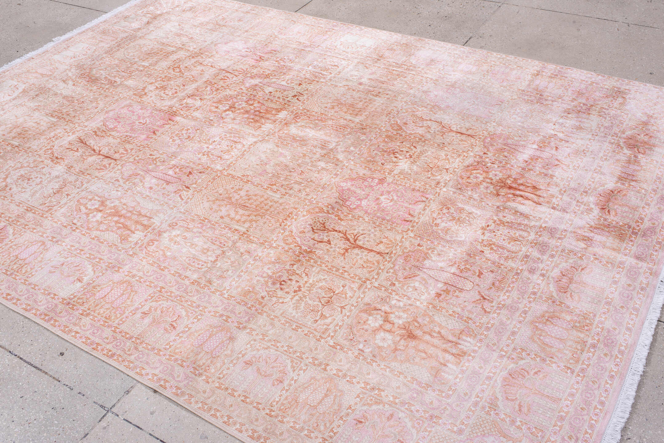 7' x 9' one-of-a-kind handmade antique Kashmir rug. Color palette: ivory, blush, rose, peach, salmon, taupe, pink, red
