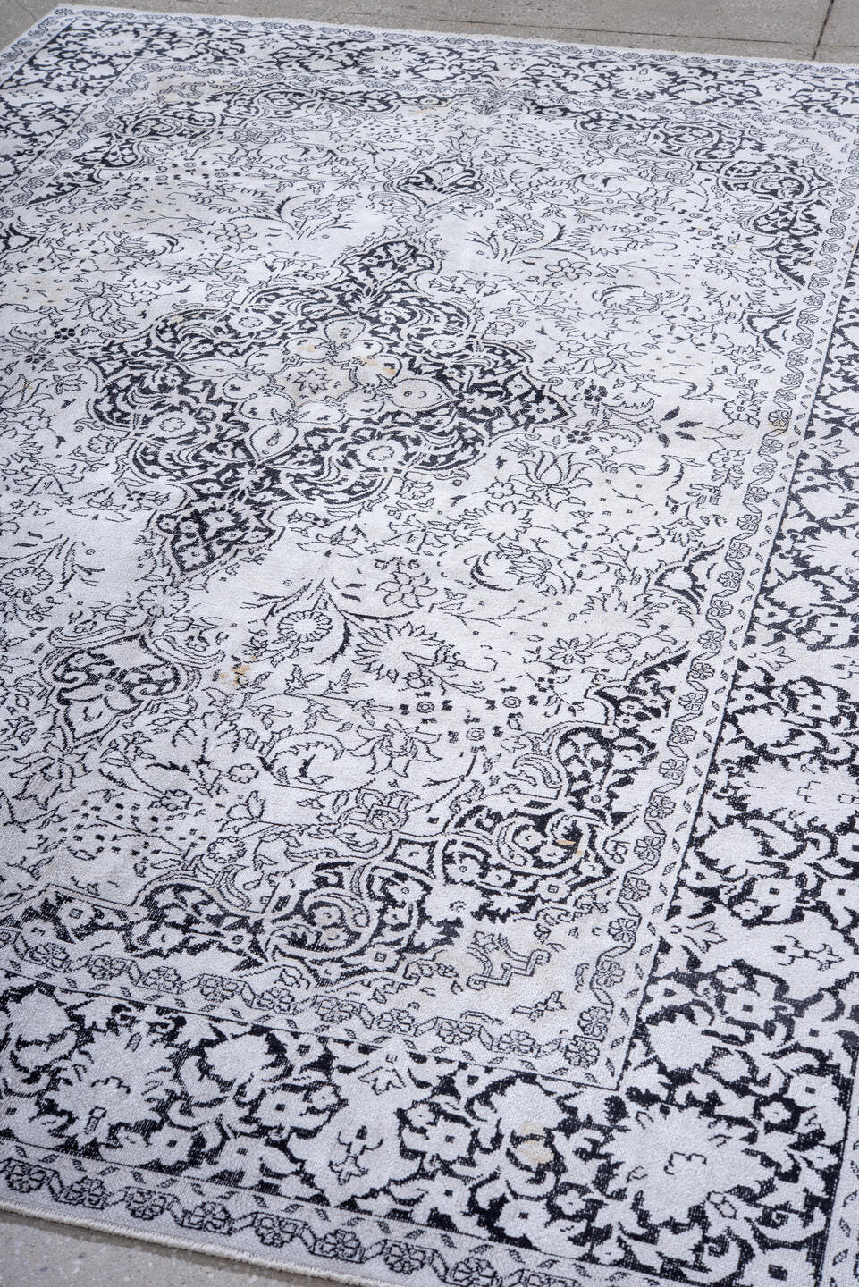 6' x 8' one-of-a-kind handmade antique Kaisary medium size rug. Color palette: ivory, charcoal, slate, taupe, gray, black