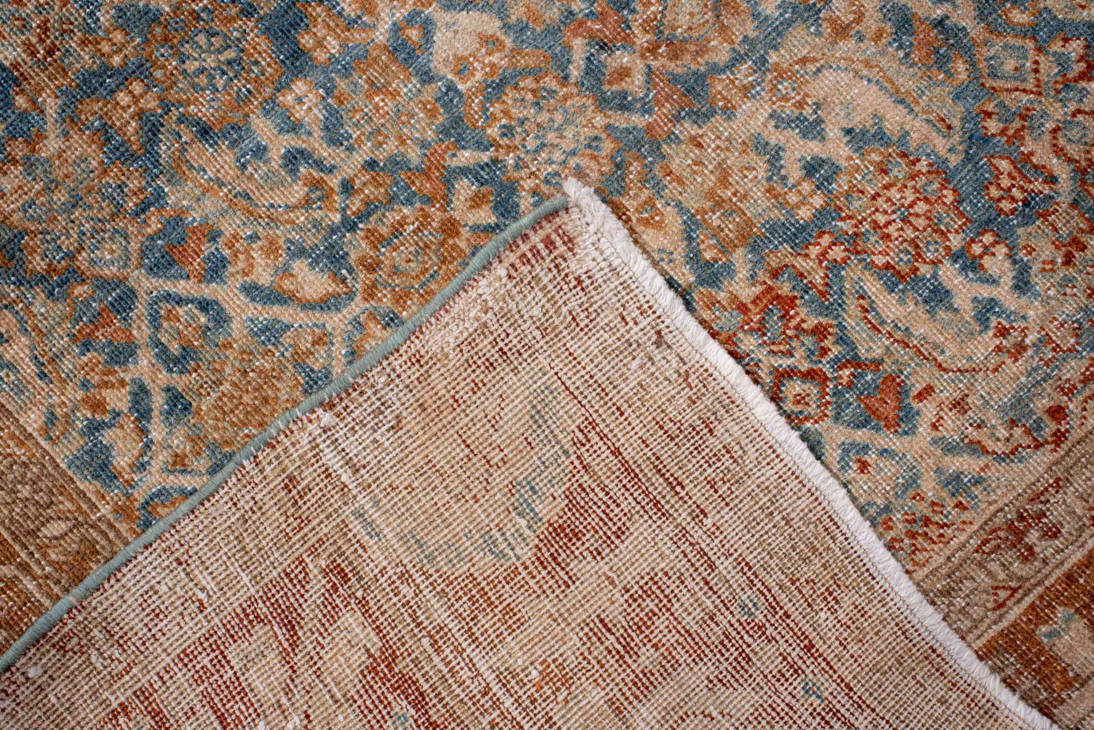 4' x 15' one-of-a-kind handmade antique Bidjar runner rug. Color palette: ivory, pale blue, rust, beige, tan, camel