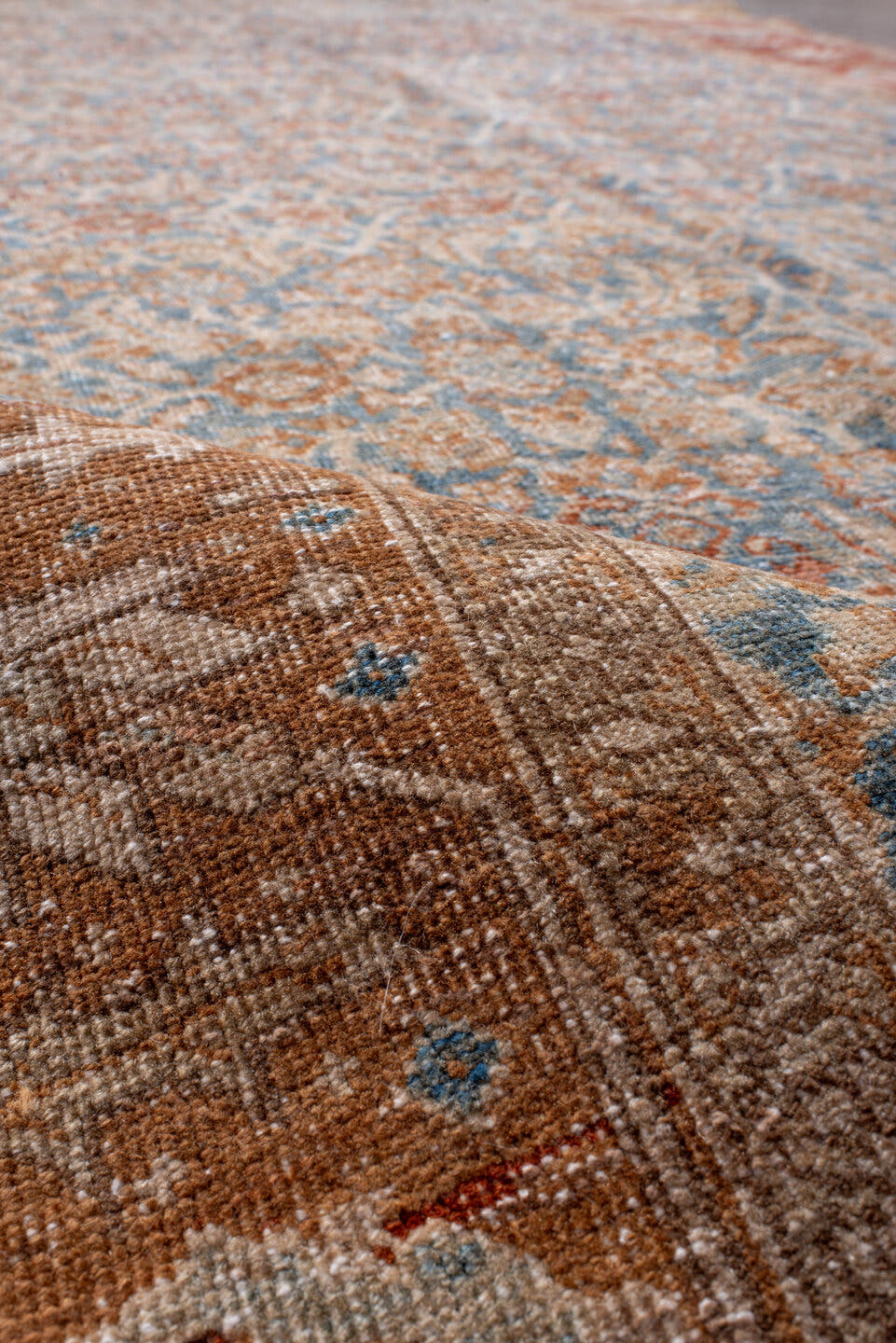 4' x 15' one-of-a-kind handmade antique Bidjar runner rug. Color palette: ivory, pale blue, rust, beige, tan, camel