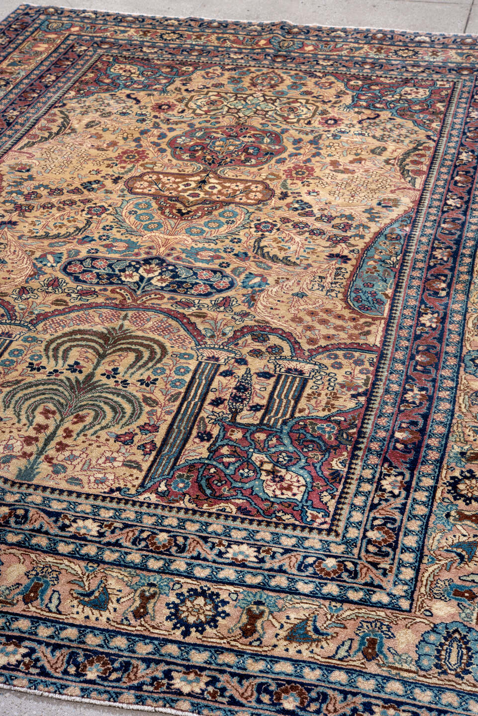 6' x 9' one-of-a-kind handmade antique Kerman medium size rug. Color palette: ivory, navy, turquoise, burgundy, rose, camel