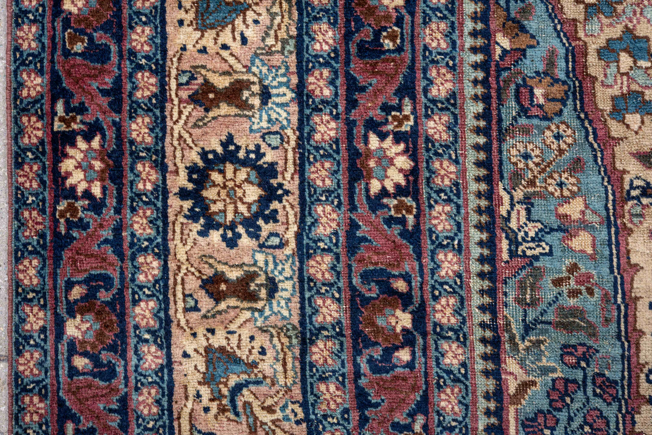 6' x 9' one-of-a-kind handmade antique Kerman medium size rug. Color palette: ivory, navy, turquoise, burgundy, rose, camel