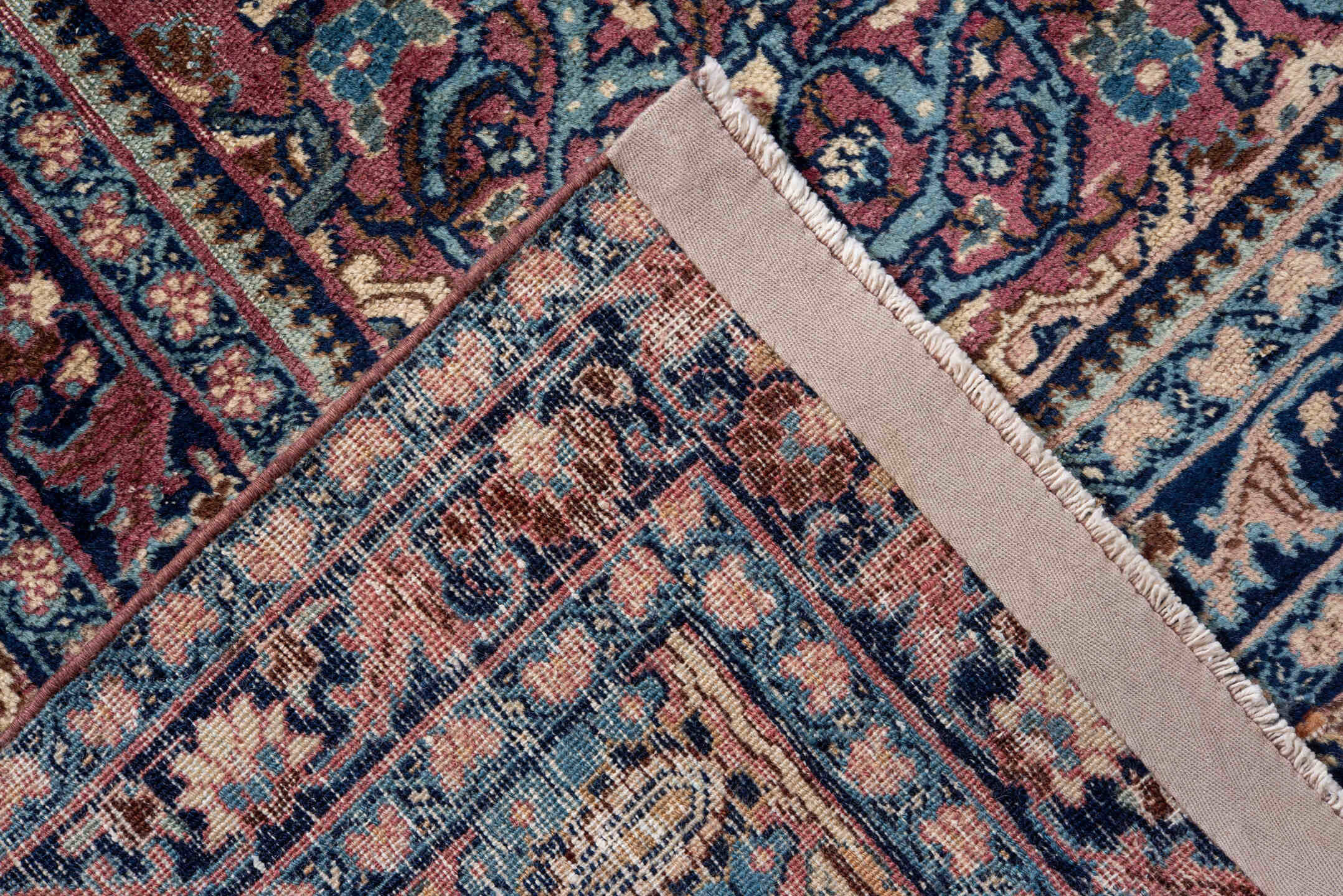 6' x 9' one-of-a-kind handmade antique Kerman medium size rug. Color palette: ivory, navy, turquoise, burgundy, rose, camel