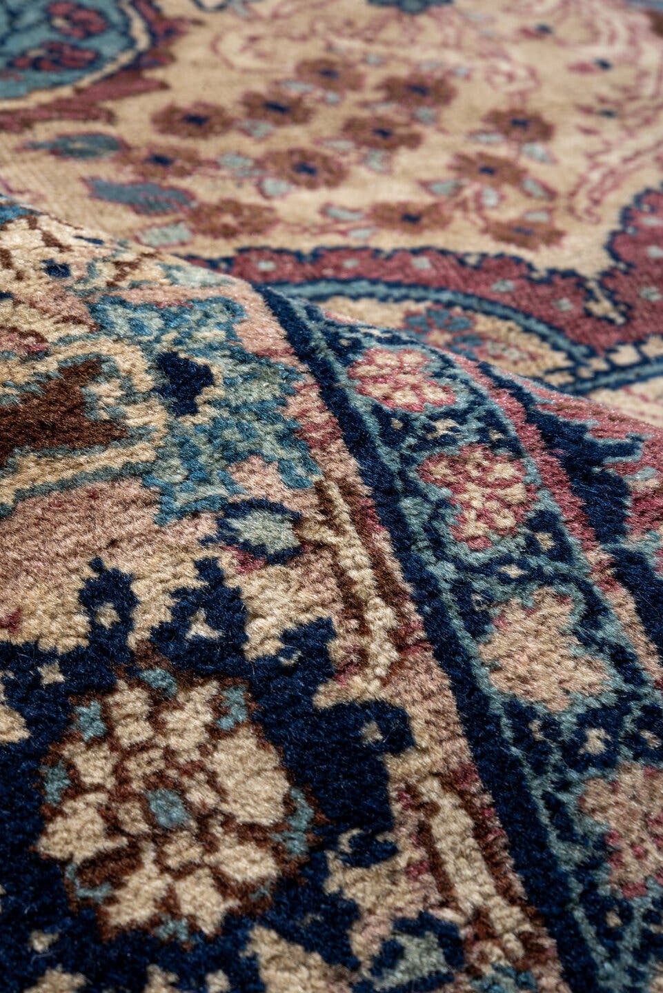 6' x 9' one-of-a-kind handmade antique Kerman medium size rug. Color palette: ivory, navy, turquoise, burgundy, rose, camel
