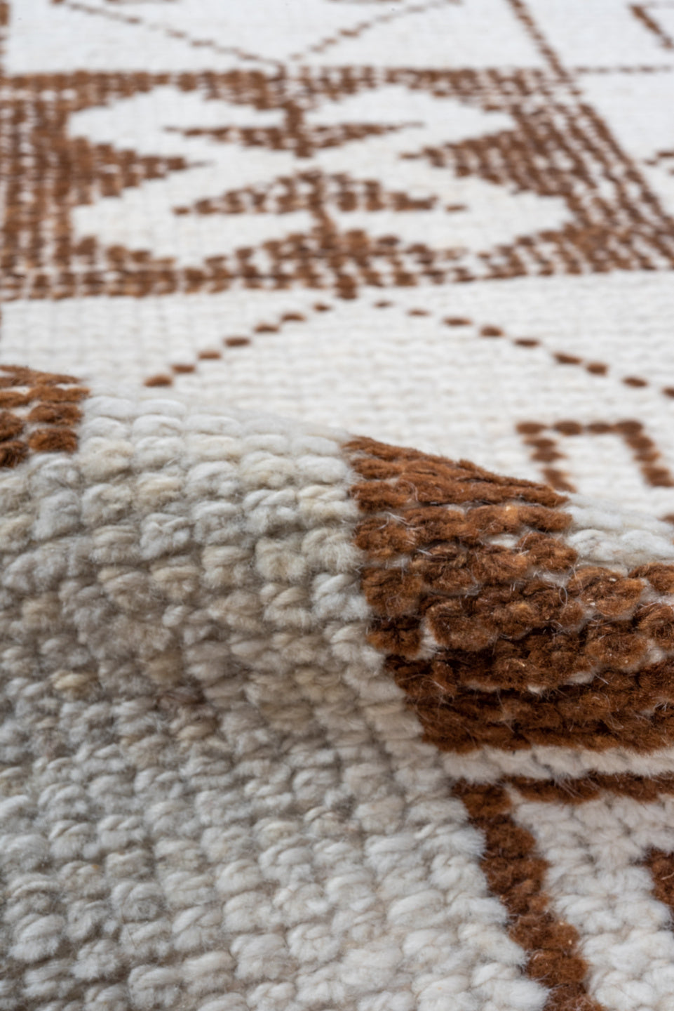 3' x 10' one-of-a-kind handmade vintage Kars runner rug. Color palette: brown, gainsboro, gray, light gray, linen, off-white