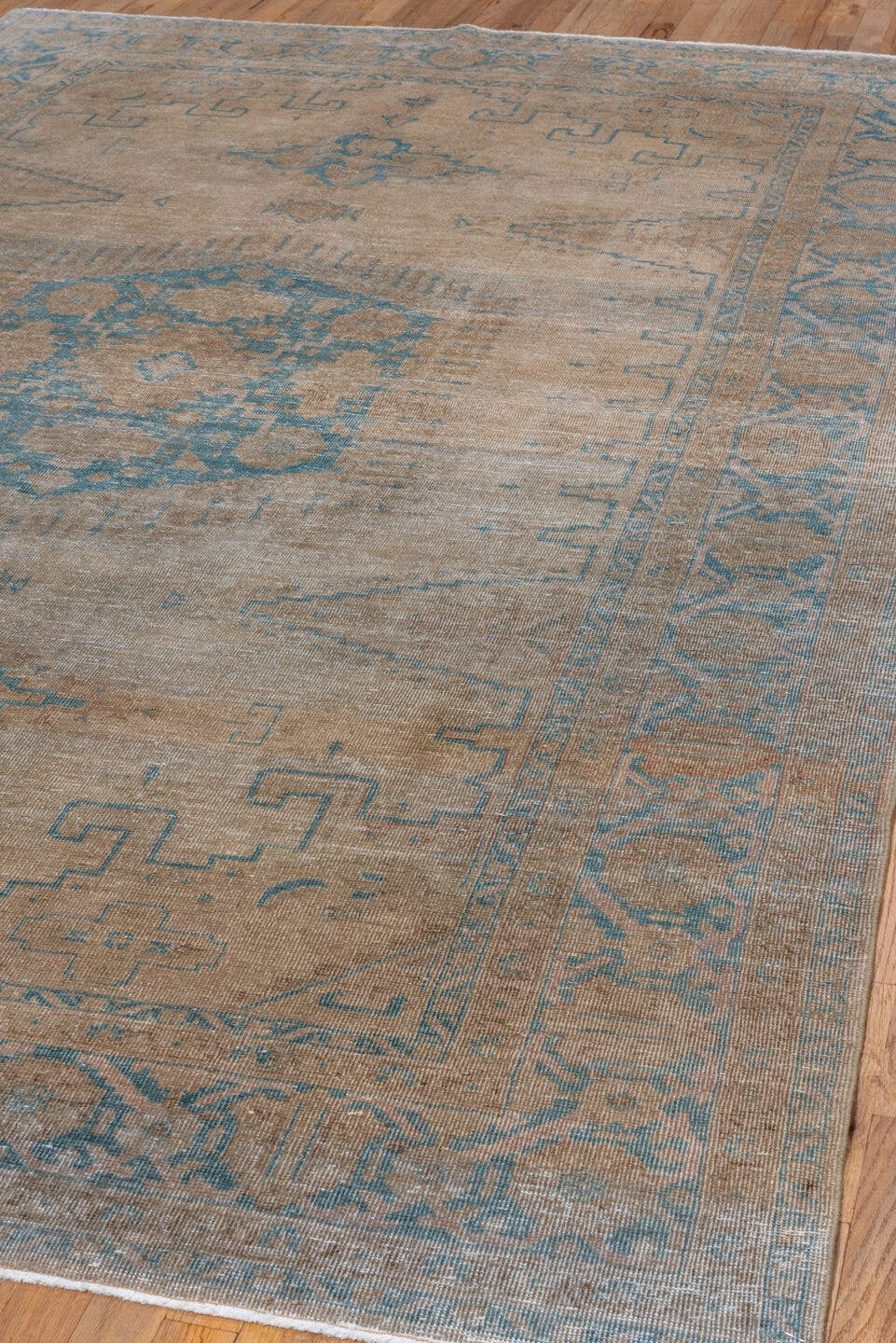 7' x 10' one-of-a-kind handmade antique Veece large size rug. Color palette: beige, sky_blue, taupe, ivory, camel