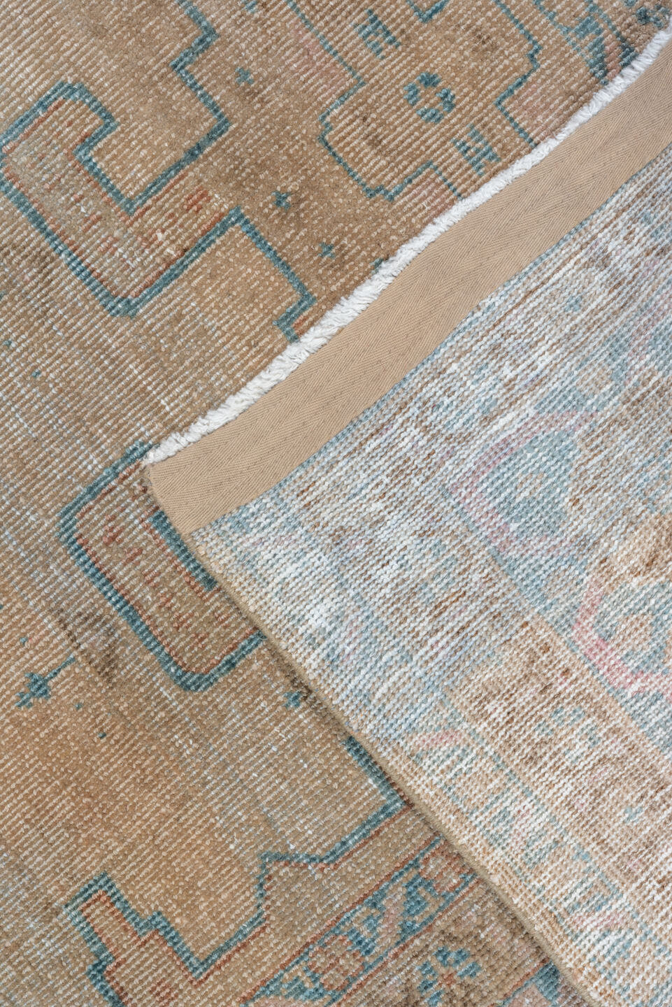 7' x 10' one-of-a-kind handmade antique Veece large size rug. Color palette: beige, sky_blue, taupe, ivory, camel