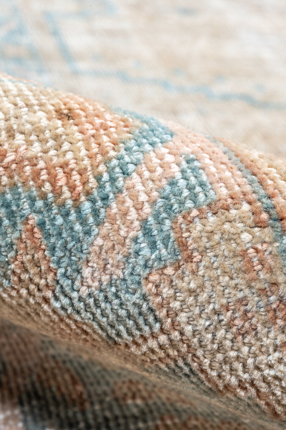 7' x 10' one-of-a-kind handmade vintage Veece large size rug. Color palette: blue, dark gray, gray, light gray, pink, silver