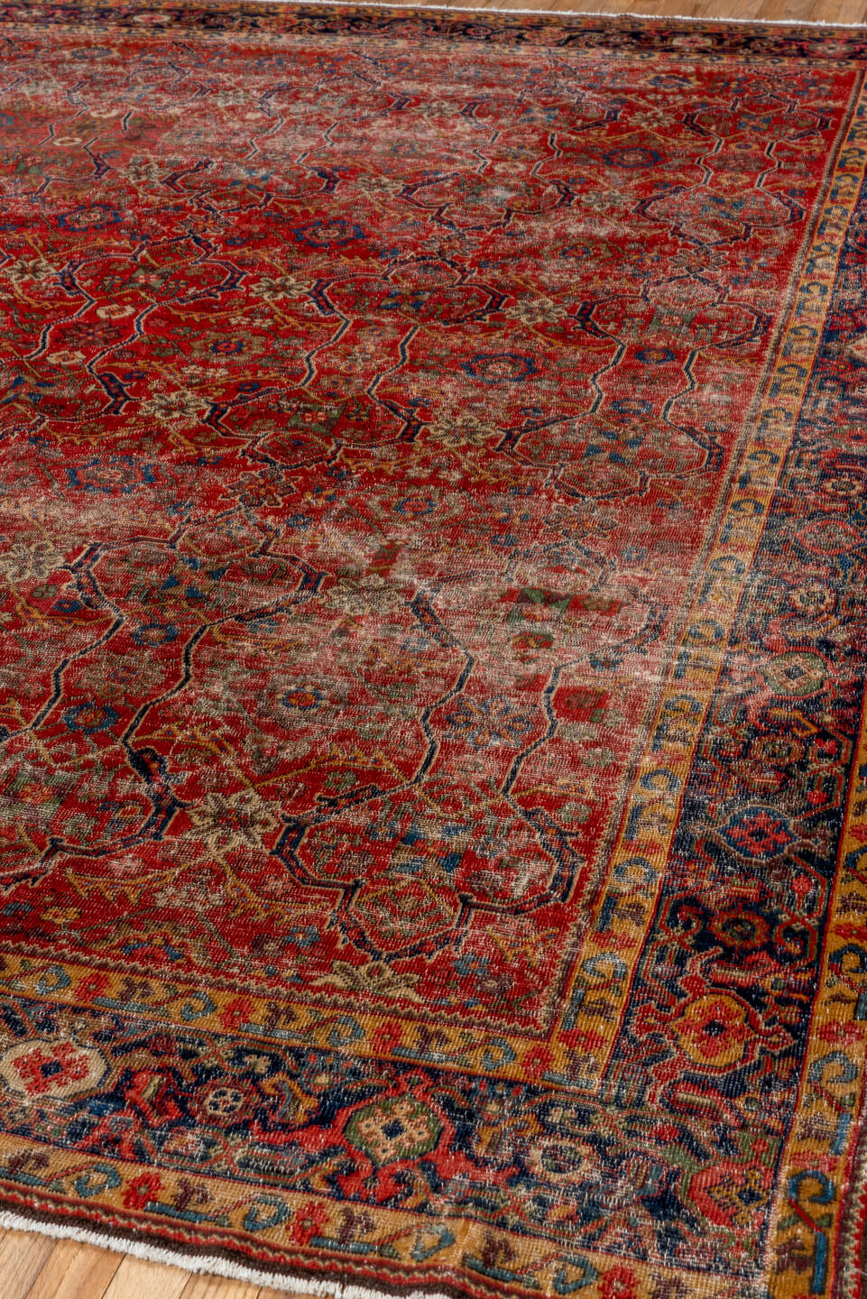 8' x 12' one-of-a-kind handmade vintage Mahal large size rug. Color palette: red, navy, ivory, rust, gold, slate, camel