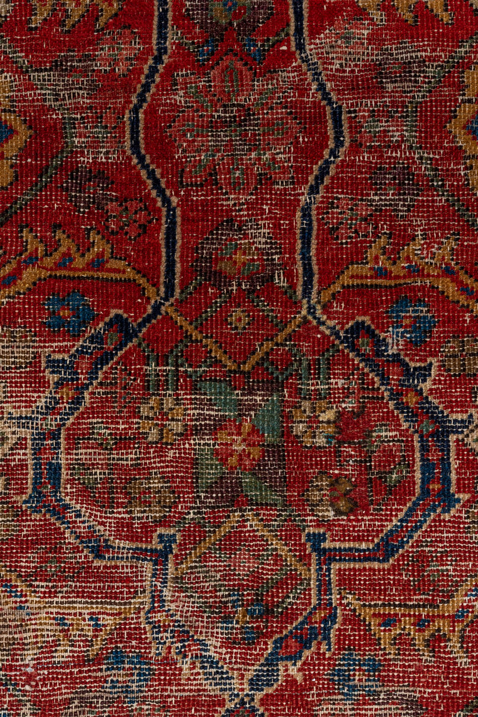 8' x 12' one-of-a-kind handmade vintage Mahal large size rug. Color palette: red, navy, ivory, rust, gold, slate, camel