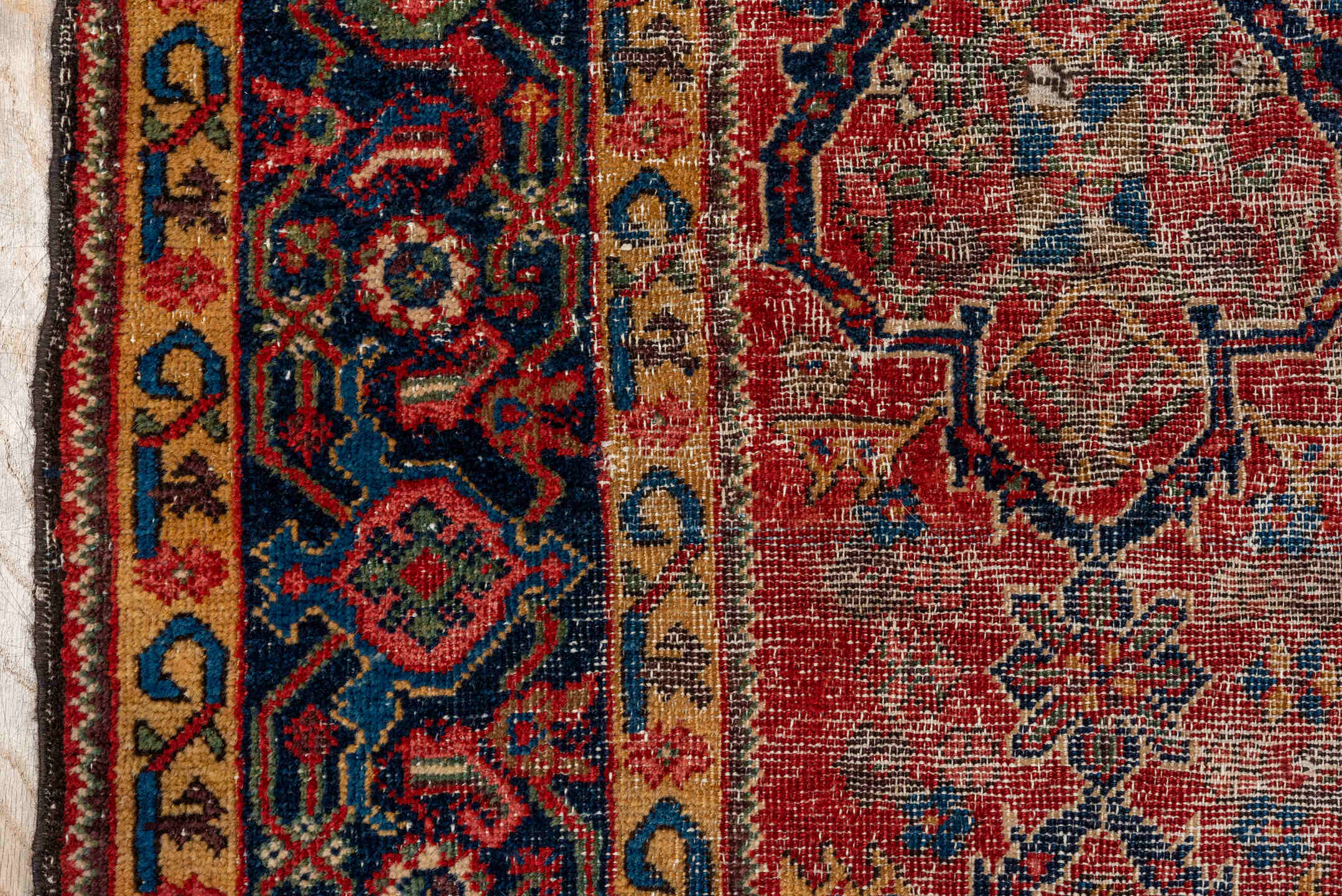 8' x 12' one-of-a-kind handmade vintage Mahal large size rug. Color palette: red, navy, ivory, rust, gold, slate, camel