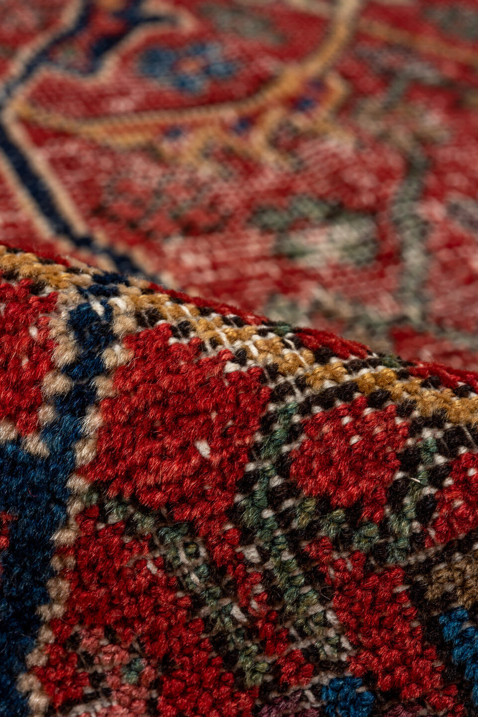 8' x 12' one-of-a-kind handmade vintage Mahal large size rug. Color palette: red, navy, ivory, rust, gold, slate, camel