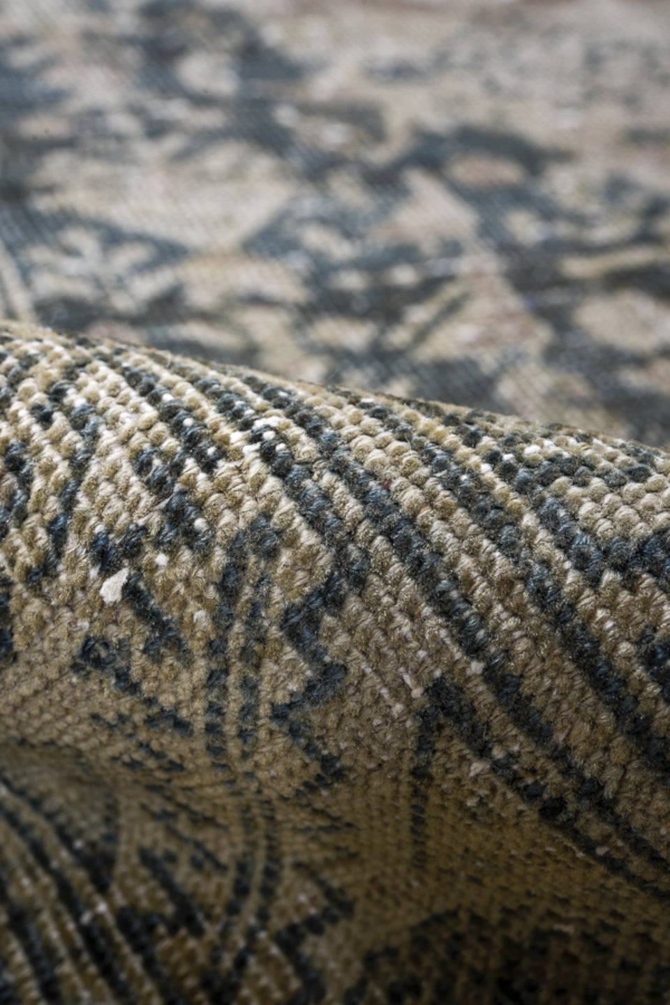 3' x 7' one-of-a-kind handmade vintage Sarab runner rug. Color palette: black, blue, charcoal, dark gray, dim gray, gray