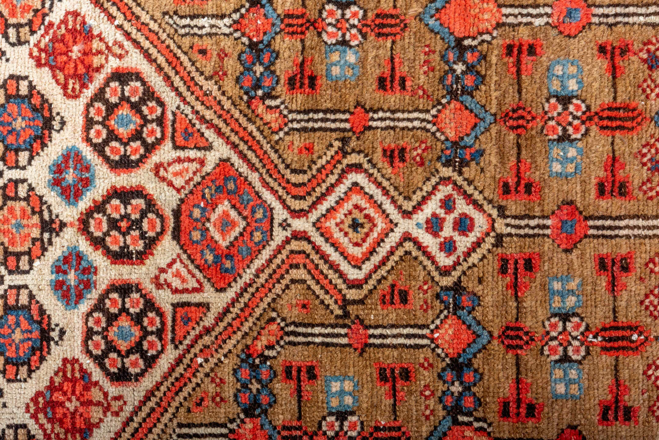 2' x 11' one-of-a-kind handmade antique Cam Hamadan runner rug. Color palette: camel, rust, ivory, indigo, blue, terracotta