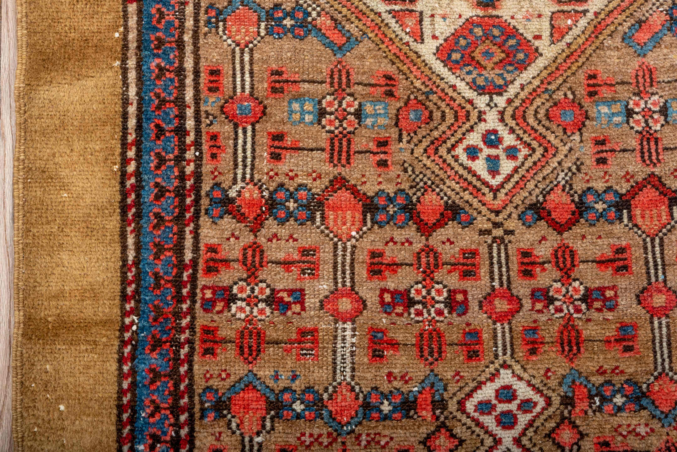 2' x 11' one-of-a-kind handmade antique Cam Hamadan runner rug. Color palette: camel, rust, ivory, indigo, blue, terracotta