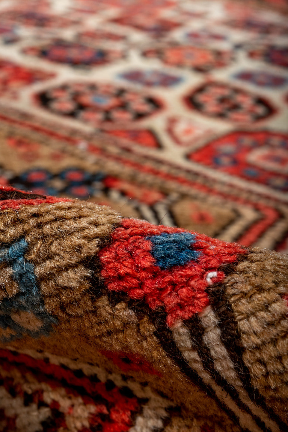 2' x 11' one-of-a-kind handmade antique Cam Hamadan runner rug. Color palette: camel, rust, ivory, indigo, blue, terracotta