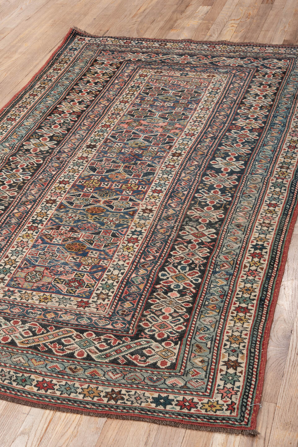 3' x 6' one-of-a-kind handmade vintage Chichi small size rug. Color palette: antiquewhite, blue, brown, gray, light gray