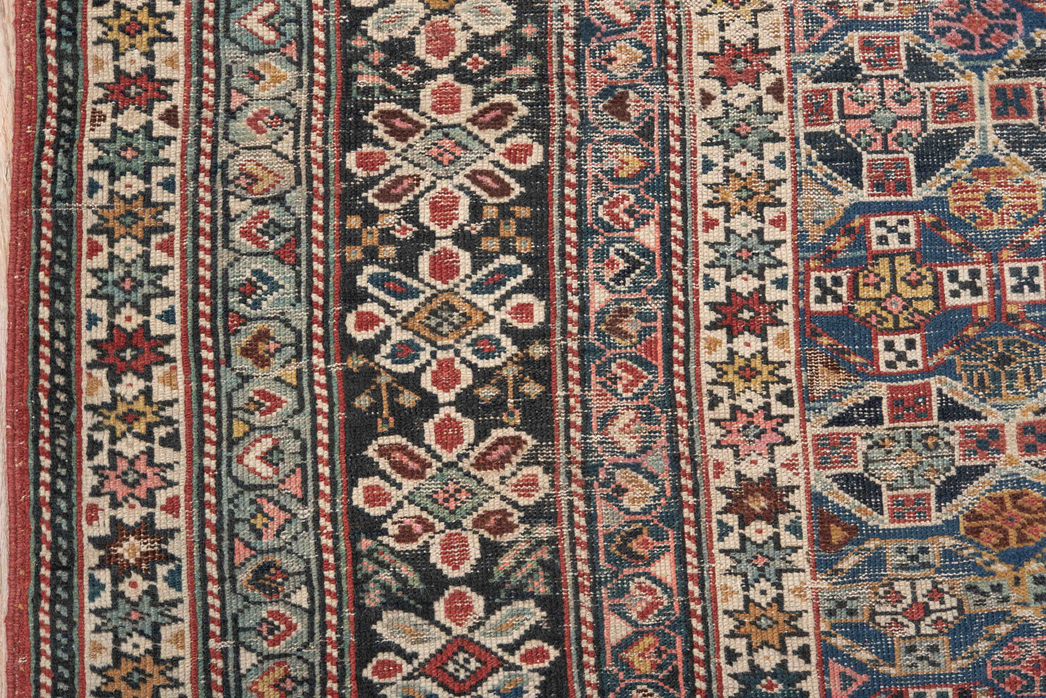 3' x 6' one-of-a-kind handmade antique Chichi small size rug. Color palette: ivory, indigo, rust, sky blue, navy, crimson