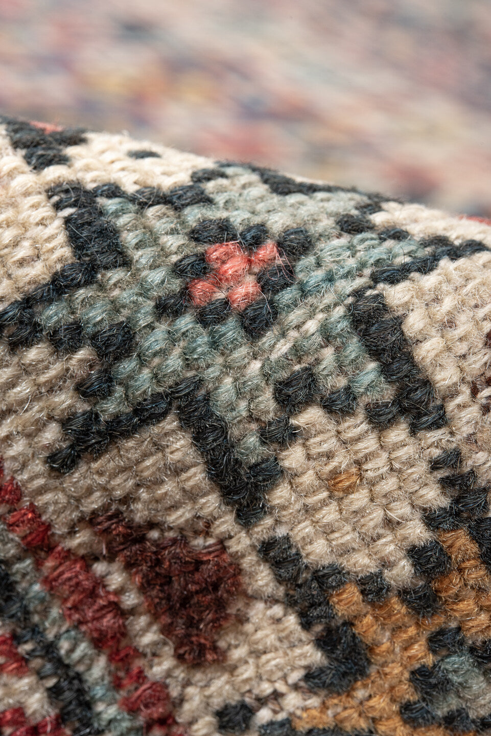 3' x 6' one-of-a-kind handmade vintage Chichi small size rug. Color palette: antiquewhite, blue, brown, gray, light gray