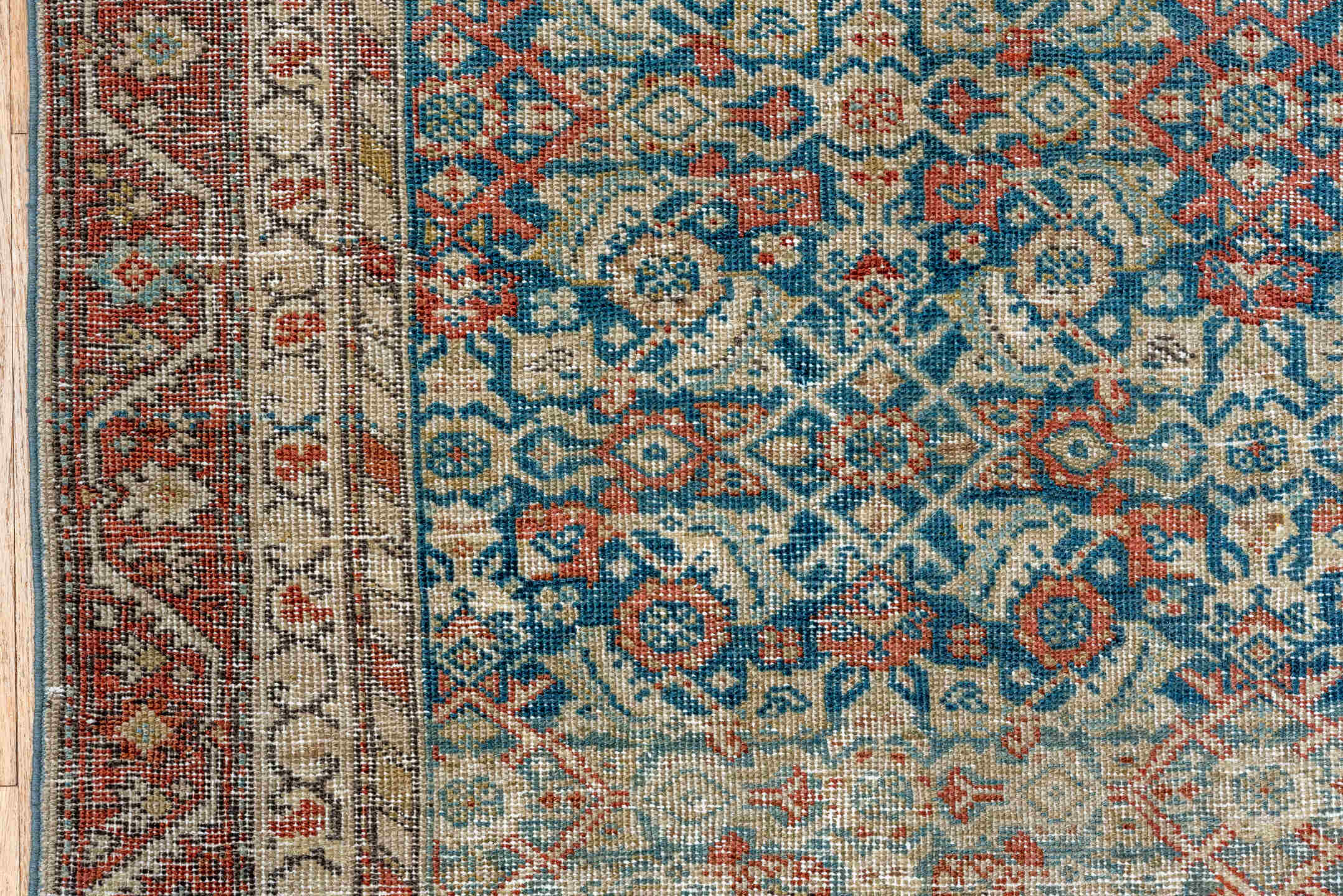 3' x 6' one-of-a-kind handmade vintage Farahan small size rug. Color palette: arapawa, black, blue, brown, charcoal, gray