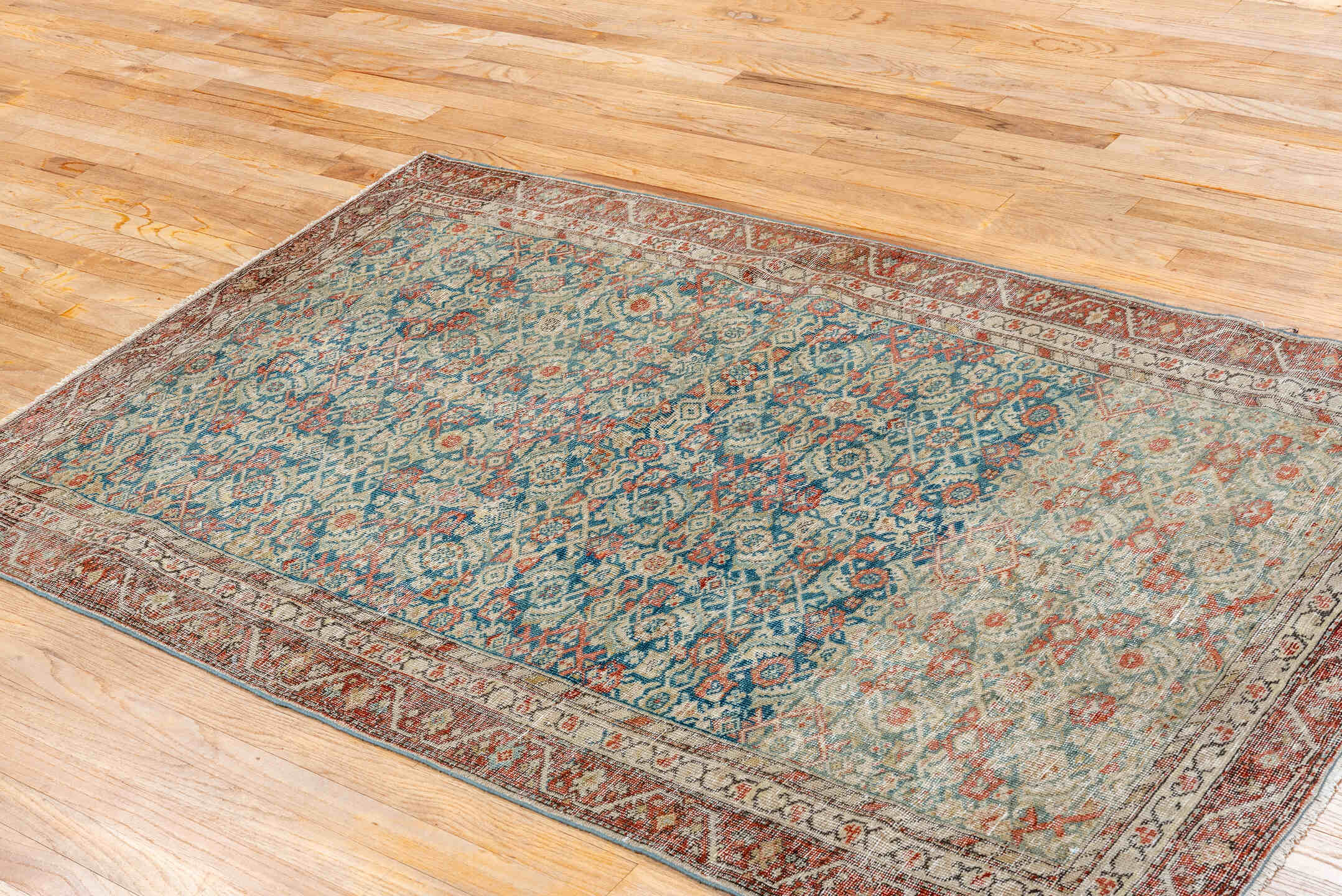 3' x 6' one-of-a-kind handmade vintage Farahan small size rug. Color palette: arapawa, black, blue, brown, charcoal, gray