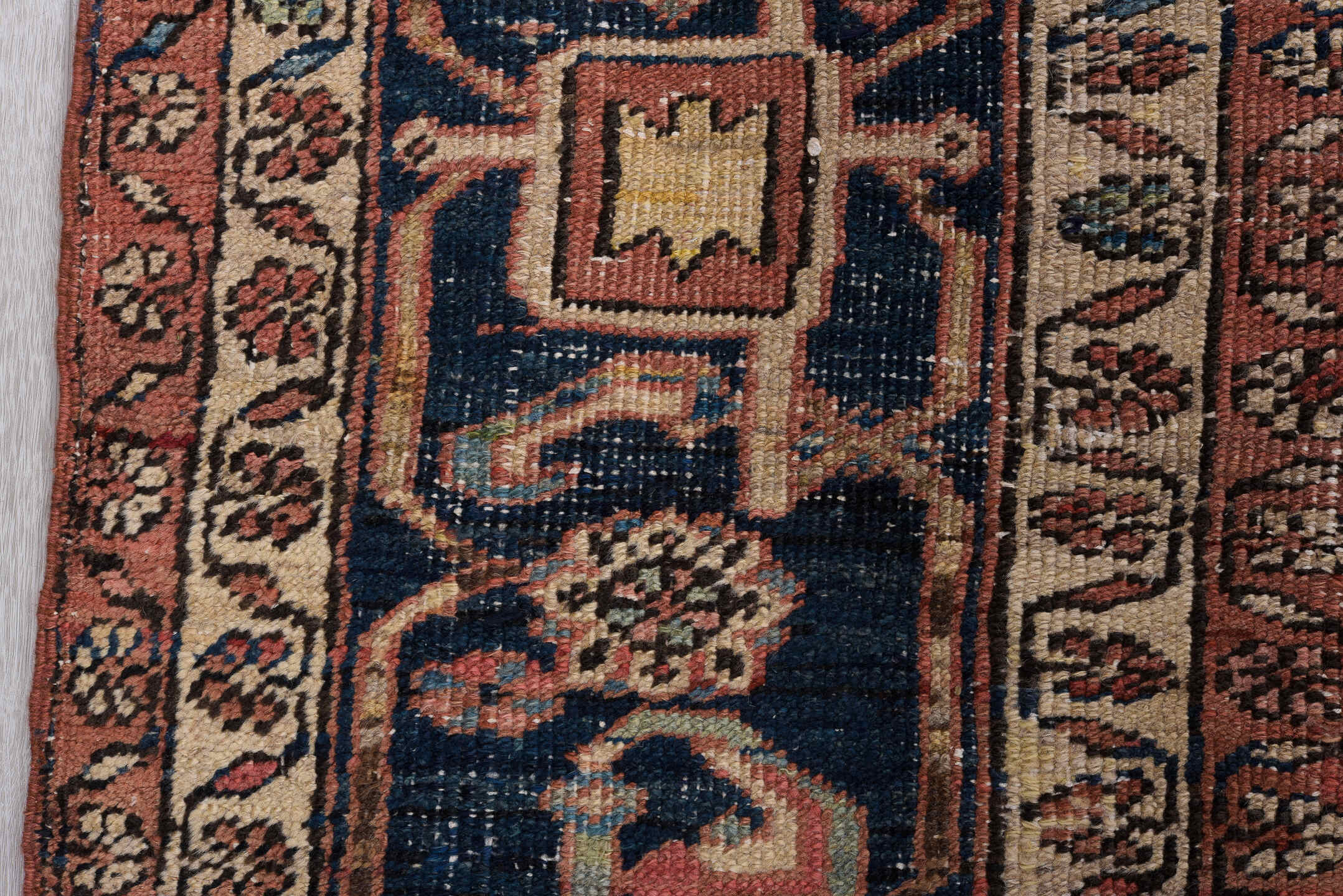 11' x 18' one-of-a-kind handmade vintage Serapi oversize rug. Color palette: arapawa, black, blue, brown, dark slate gray