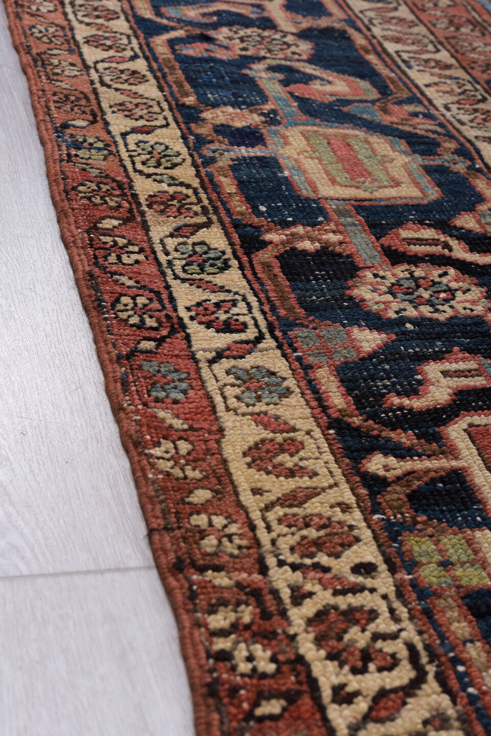 11' x 18' one-of-a-kind handmade vintage Serapi oversize rug. Color palette: arapawa, black, blue, brown, dark slate gray