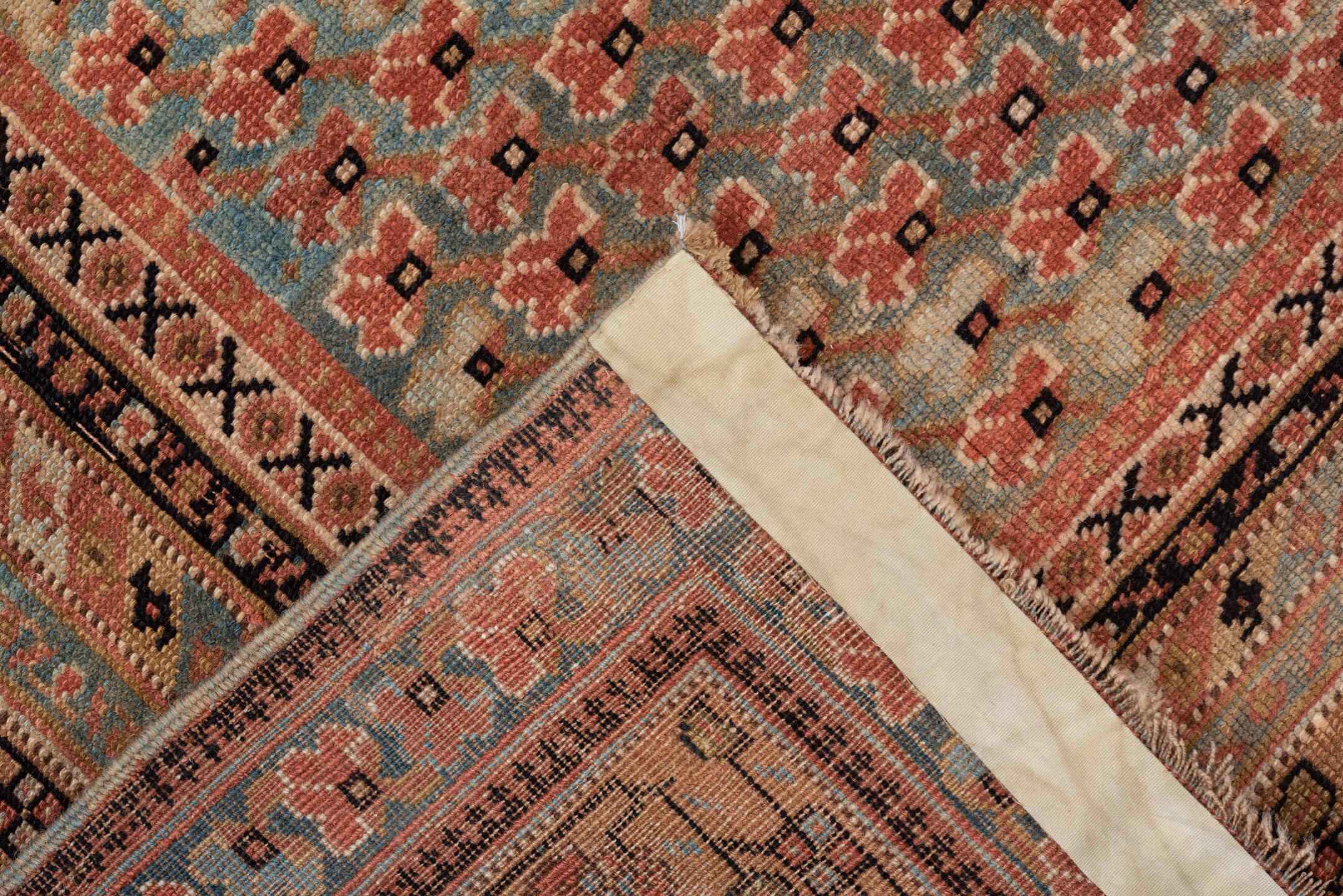 4' x 5' one-of-a-kind handmade antique Afshar small size rug. Color palette: camel, rust, ivory, charcoal, taupe, sage