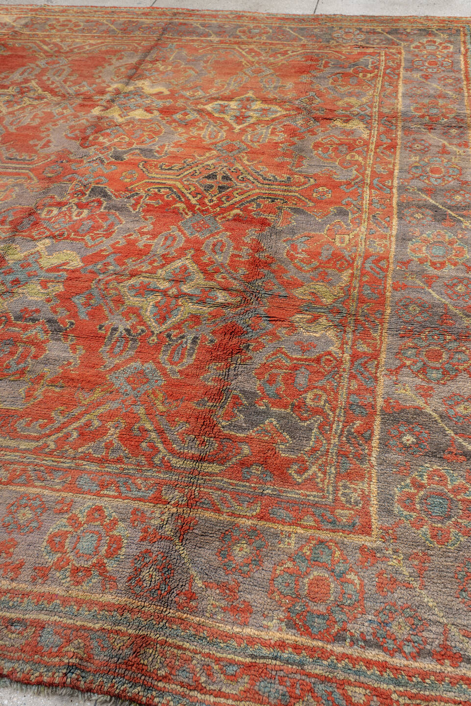 10' x 11' one-of-a-kind handmade antique Oushak large size rug. Color palette: terra cotta, gray, pale blue, ivory, rust
