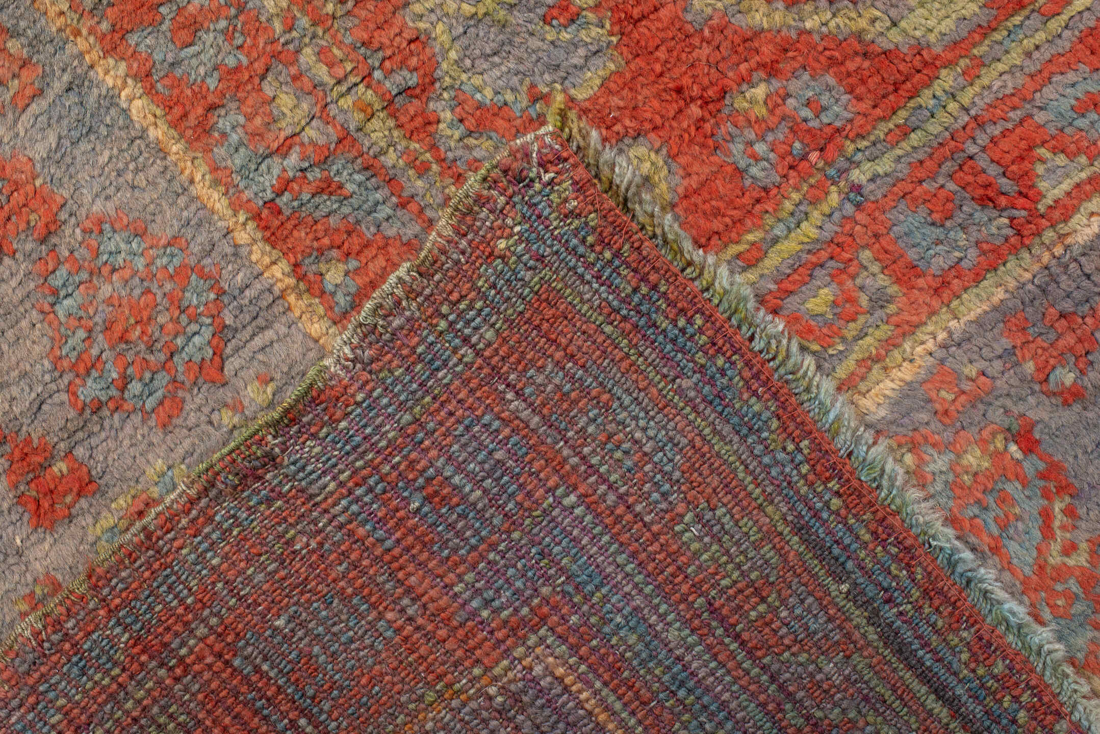 10' x 11' one-of-a-kind handmade antique Oushak large size rug. Color palette: terra cotta, gray, pale blue, ivory, rust